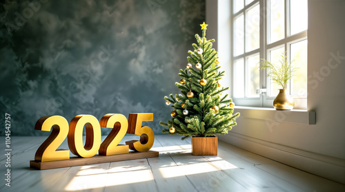 golden 2025 sign decorated miniature fir tree
