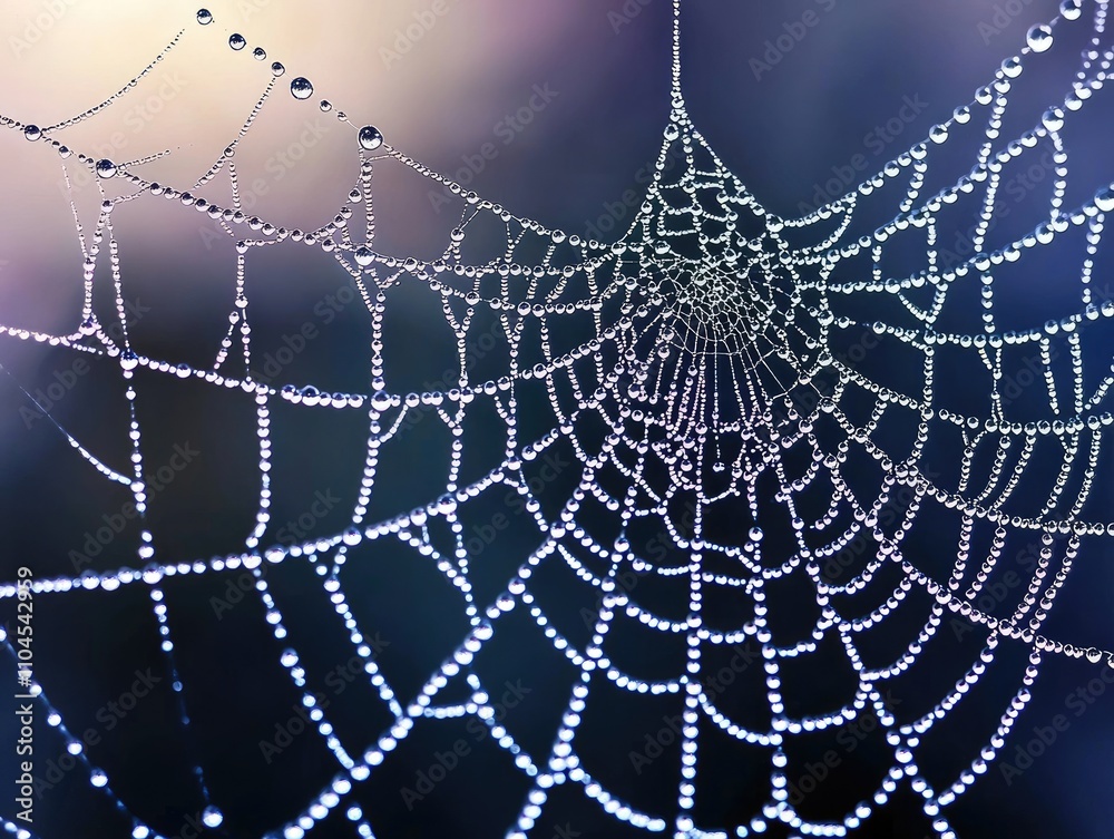 Naklejka premium Close-up of a spiderweb covered in morning dew, intricate details visible, bokeh background.