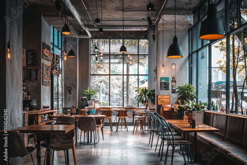 Modern cafe interior with large windows, wooden tables, metal chairs, and industrial-style lighting.