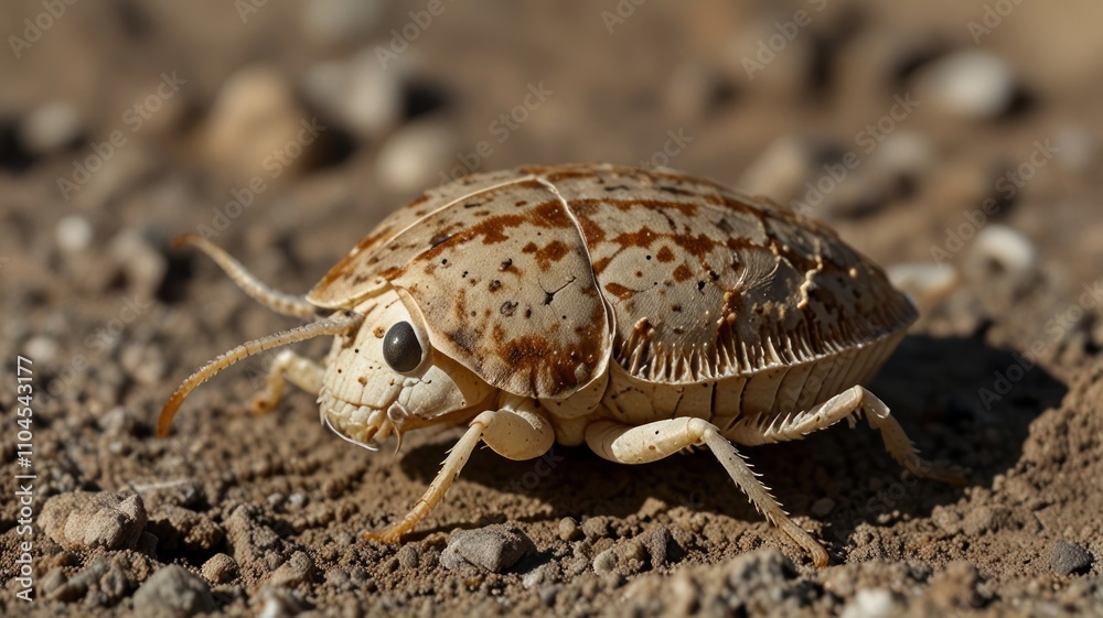 Close-up of a light brown insect on the ground. Close-up of a light brown insect on the ground.