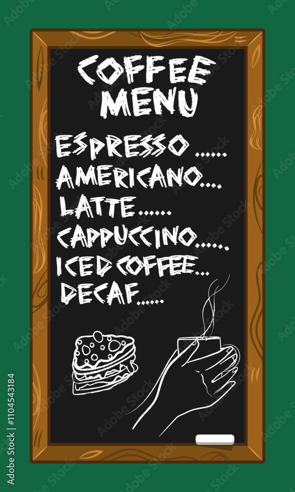 Black board in wooden frame with coffee menu and themed pictures. Green background. Vector illustration
