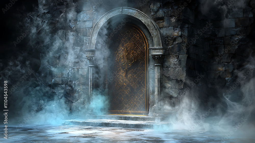 gothic scene featuring ancient door surrounded by mist and shadows, evoking mystery and intrigue. atmosphere is dark and enchanting, inviting exploration gothic scene featuring ancient door surrounded by mist and shadows, evoking mystery and intrigue. atmosphere is dark and enchanting, inviting exploration