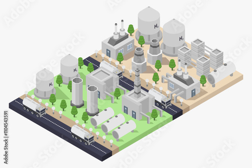 Green hydrogen H2 future energy factory isometric