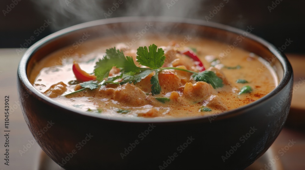 A steaming bowl of rich, creamy Thai coconut curry with fresh herbs and spices, beautifully presented in a vibrant studio setting. A steaming bowl of rich, creamy Thai coconut curry with fresh herbs and spices, beautifully presented in a vibrant studio setting.