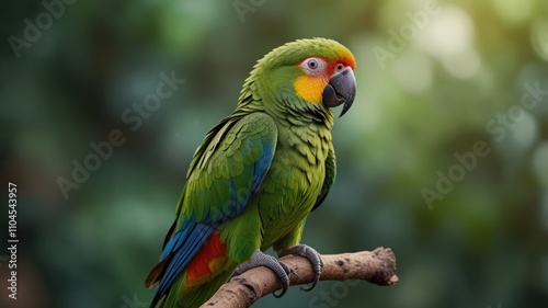 Fototapeta Naklejka Na Ścianę i Meble -  A vibrant green parrot perched on a branch, showcasing its colorful plumage against a blurred green background.