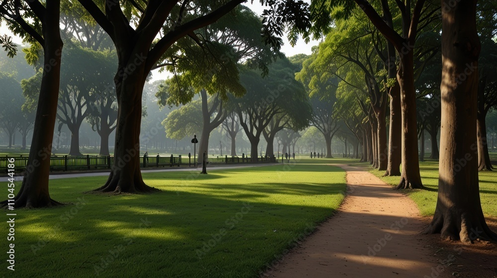 Serene morning path through a tree-lined park. Serene morning path through a tree-lined park.