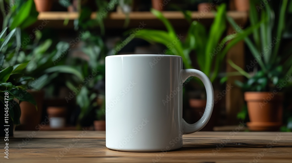 Blank White Ceramic Coffee Mug On Wooden Surface With Potted Plants For Creative Design Display : Generative AI Blank White Ceramic Coffee Mug On Wooden Surface With Potted Plants For Creative Design Display : Generative AI