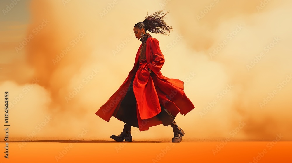 Fototapeta premium Figure in high-fashion attire inspired by earth's elements walks through surreal desert landscape for Earth Day celebration