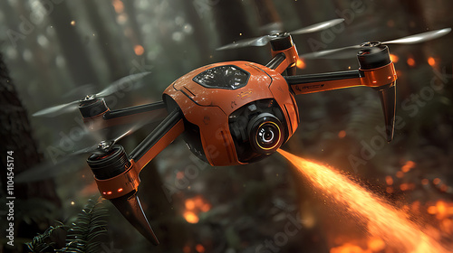 hyper realistic image of AI powered drone extinguishing fire in forest. vibrant orange drone showcases advanced technology amidst smoky backdrop, highlighting its firefighting capabilities