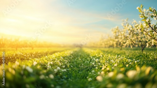 Peaceful orchard in bloom with rows of fruit trees under a soft spring sky promoting Earth Day awareness