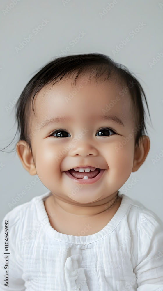 Charming and joyful portrait of smiling Indonesian baby girl on clean backdrop Charming and joyful portrait of smiling Indonesian baby girl on clean backdrop