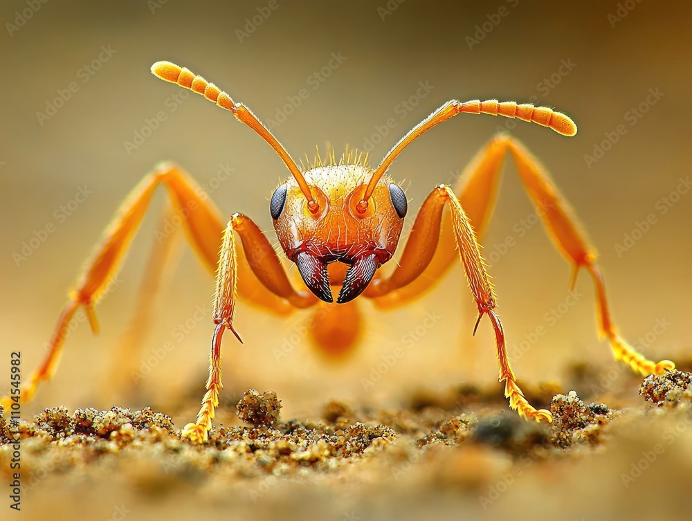 Naklejka premium Close-up of an orange ant, facing the camera, on the ground.