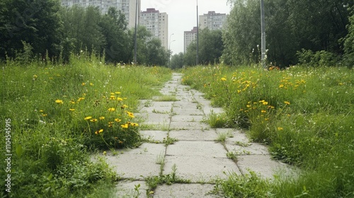 Overgrown city garden thriving with wildflowers celebrates Earth Day in an urban landscape