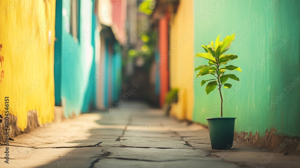 Naklejka premium Small tree thrives in vibrant city alley showcasing resilience and hope for Earth Day celebrations