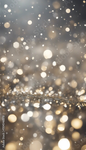 Silver white and gold vertical abstract background with copy space bokeh lights and glitter on weddi photo