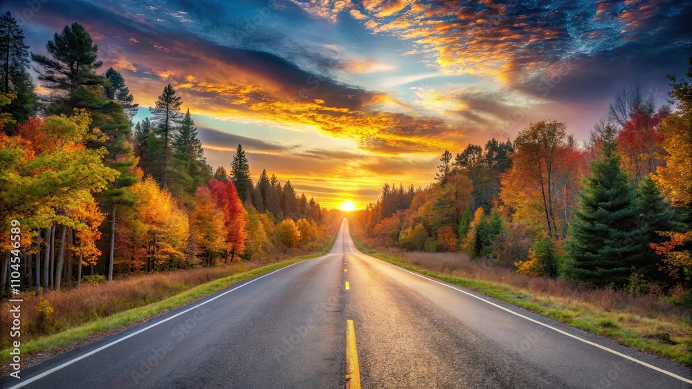 Asphalt road stretching into forested horizon at sunset in autumn , journey, road, asphalt, horizon, forest, sunset Asphalt road stretching into forested horizon at sunset in autumn , journey, road, asphalt, horizon, forest, sunset
