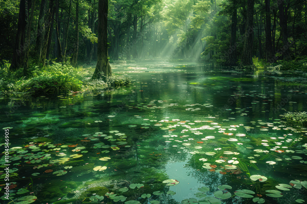 A tranquil scene of a forest swamp with clear water covered with lilies. A tranquil scene of a forest swamp with clear water covered with lilies.