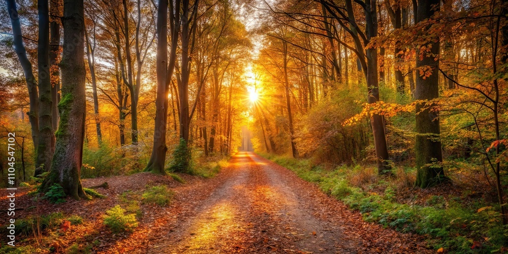 Obraz premium Sunset trail through woodland in autumn , sunset, trails, woodland, autumn, golden light, leaves, long shadows