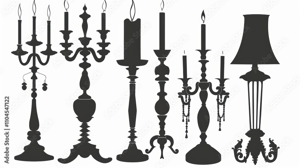 A collection of elegant candleholders in various styles, showcasing intricate designs and silhouettes. A collection of elegant candleholders in various styles, showcasing intricate designs and silhouettes.