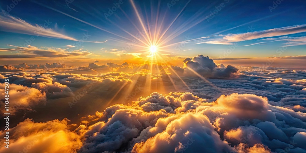 Fototapeta premium Sunset sun rays shining above fluffy clouds during a breathtaking flight, sunset, sun rays, above clouds, fly, aerial view