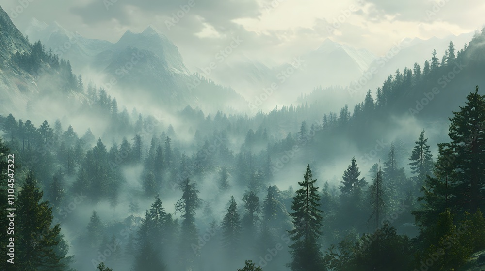 Obraz premium Misty Mountain Forest Enveloped In Fog