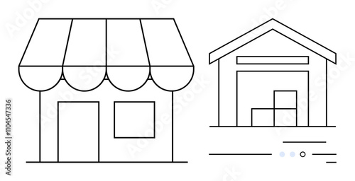 Outlined retail store with awning next to a warehouse with stacked boxes. Ideal for business concepts, e-commerce, logistics, retail management, urban planning, inventory management, and supply chain