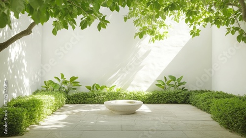 Tranquil courtyard garden with a small fountain and neatly trimmed hedges for Earth Day celebration