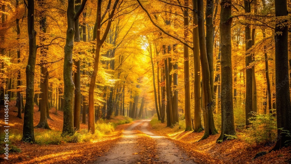 Golden forest path winding through tall trees with golden leaves in autumn, forest, path, trees, golden, leaves, autumn, winding Golden forest path winding through tall trees with golden leaves in autumn, forest, path, trees, golden, leaves, autumn, winding