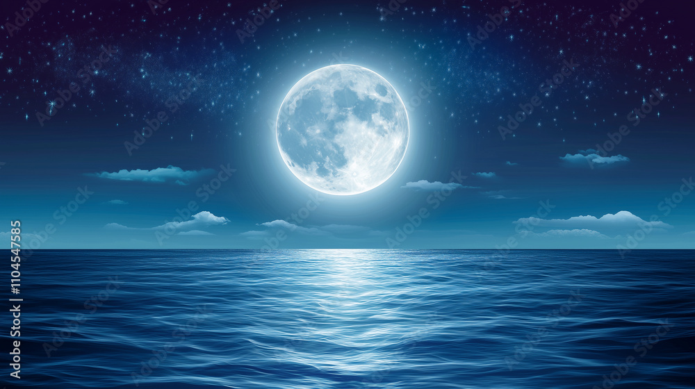 Fototapeta premium beautiful of full moon on blue ocean at night for background