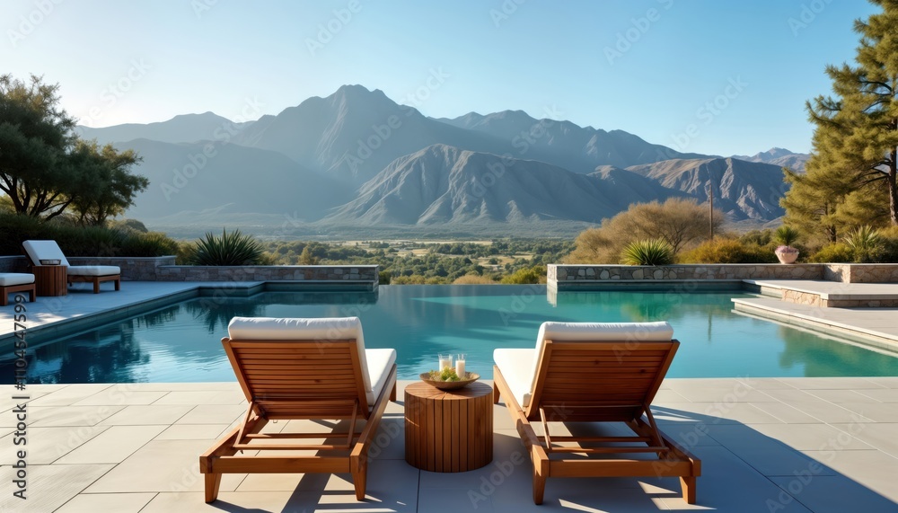 Fototapeta premium Luxury poolside area with mountain view. Wooden lounge chairs, large swimming pool. Relaxing, tranquil outdoor space. Ideal for vacation resort. Stylish furniture complements beautiful surroundings.