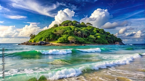 Beautiful seascape view with waves and tropical island in Phuket, Thailand, seascape, sea surface, waves