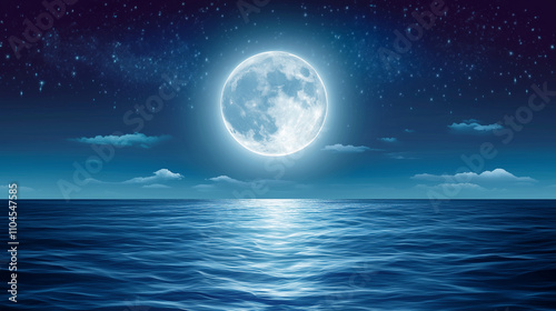 beautiful of full moon on blue ocean at night for background