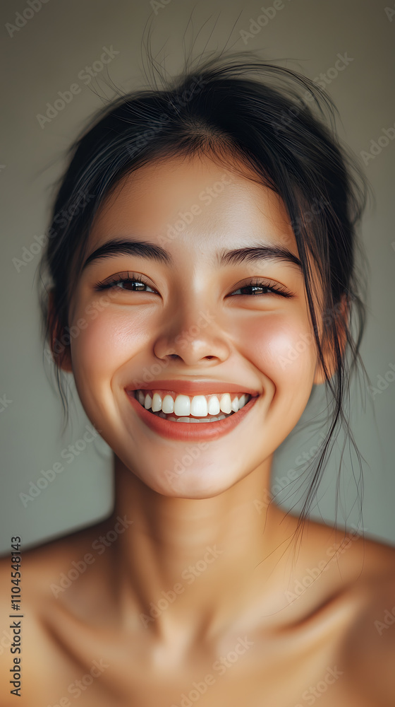Portrait of smiling Indonesian adult woman with joyful and radiant expression on clean backdrop Portrait of smiling Indonesian adult woman with joyful and radiant expression on clean backdrop