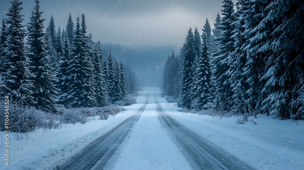 A quiet forest road covered in a thick layer of snow, lined with towering evergreen trees under a soft winter sky. Snowy forest path, peaceful winter A quiet forest road covered in a thick layer of snow, lined with towering evergreen trees under a soft winter sky. Snowy forest path, peaceful winter