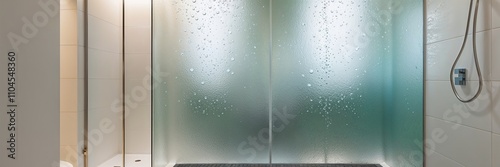 A contemporary shower with frosted glass showcasing water droplets.