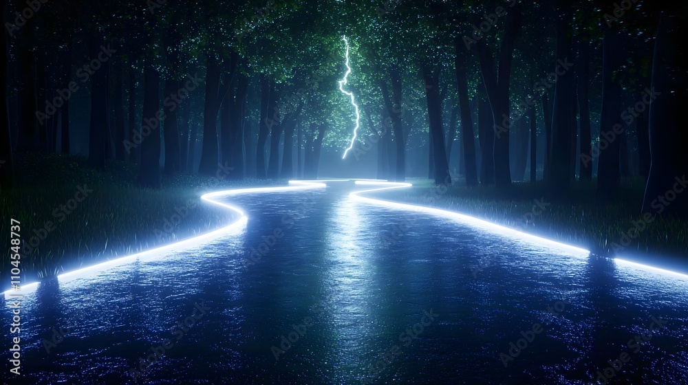 A rain soaked forest road illuminated by sudden lightning, eerie shadows among dense trees, mist adding to the atmosphere, creating tension and isolation, eerie forest, fear and isolation A rain soaked forest road illuminated by sudden lightning, eerie shadows among dense trees, mist adding to the atmosphere, creating tension and isolation, eerie forest, fear and isolation