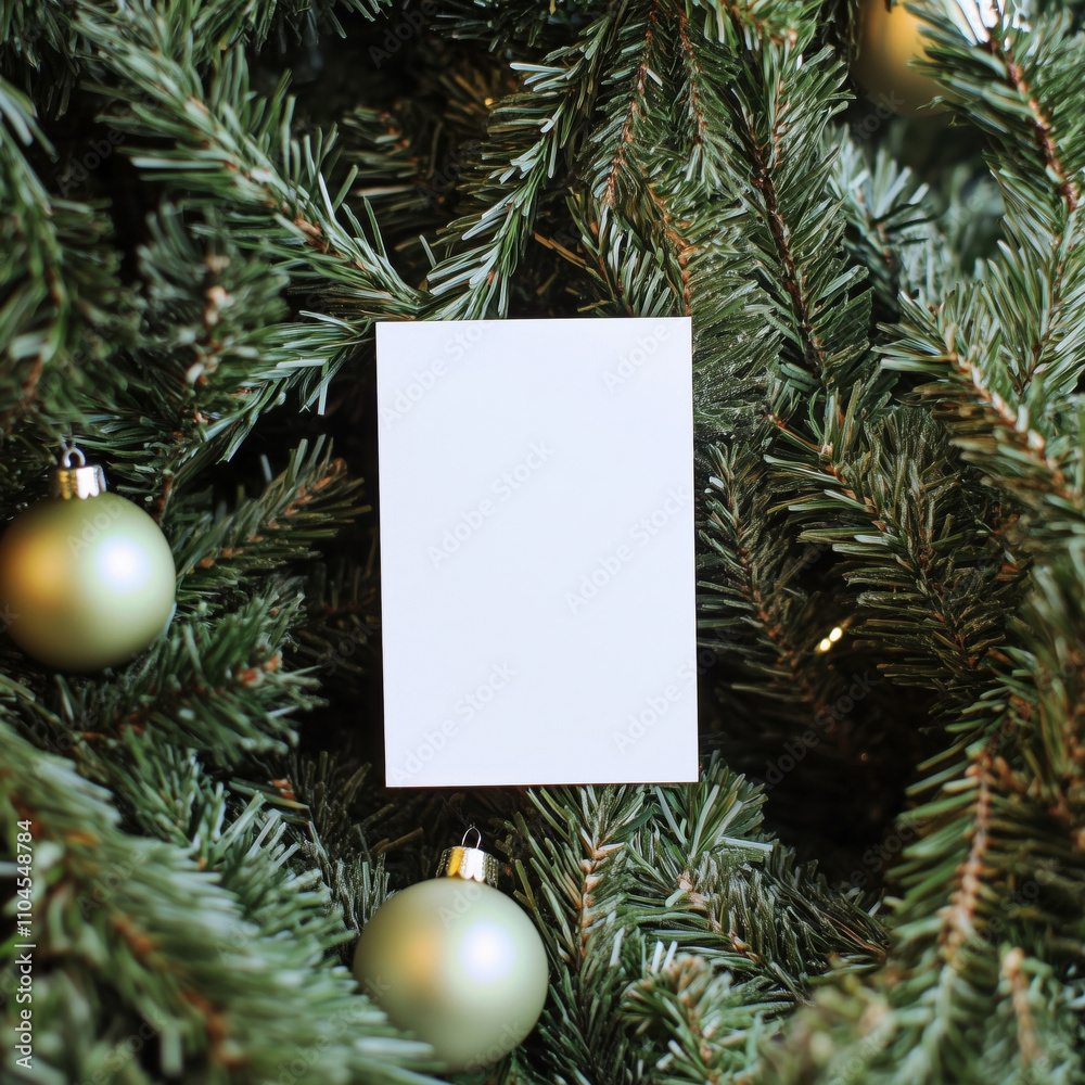 Blank vertical card mock up on a background with decorated Christmas tree Blank vertical card mock up on a background with decorated Christmas tree
