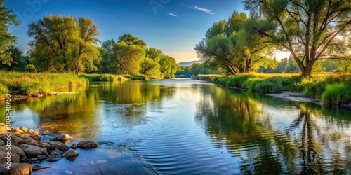 Tranquil river flowing through serene natural setting, river, tranquil, flowing, serene, natural, setting, water, peaceful