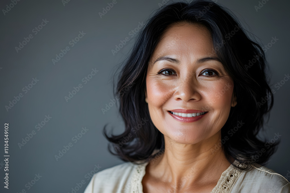 Radiant portrait of smiling Indonesian adult woman with joyful expression on clean background Radiant portrait of smiling Indonesian adult woman with joyful expression on clean background