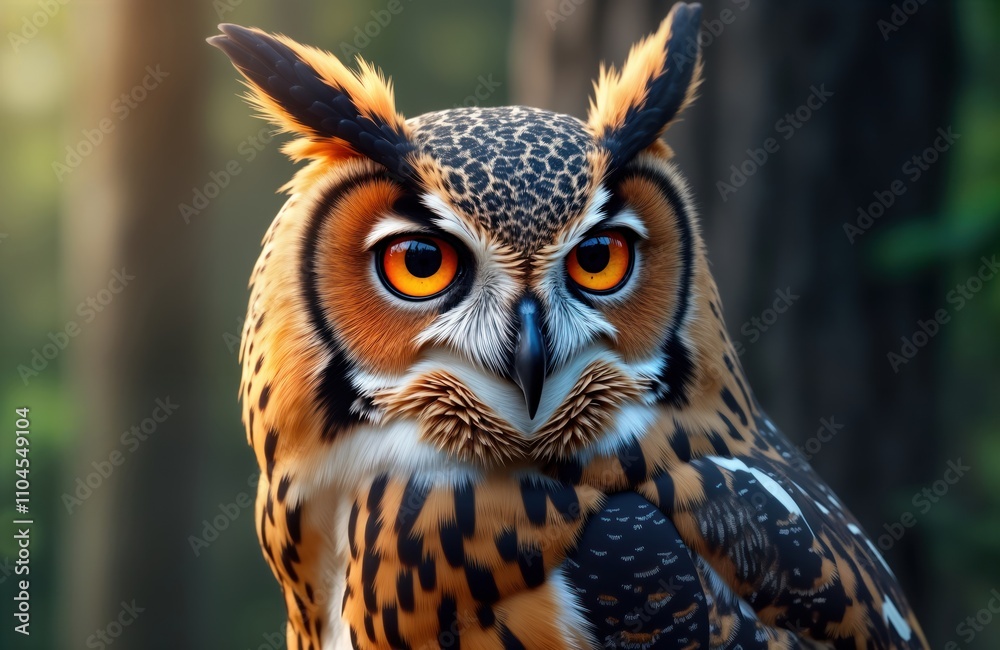 Majestic owl stands watch in forest. Predator of ecosystem with piercing eyes, sharp beak. Bird of prey perched on tree branch. Stunning details of feathers, eyes. Wild nature image. Perfect for eco Majestic owl stands watch in forest. Predator of ecosystem with piercing eyes, sharp beak. Bird of prey perched on tree branch. Stunning details of feathers, eyes. Wild nature image. Perfect for eco