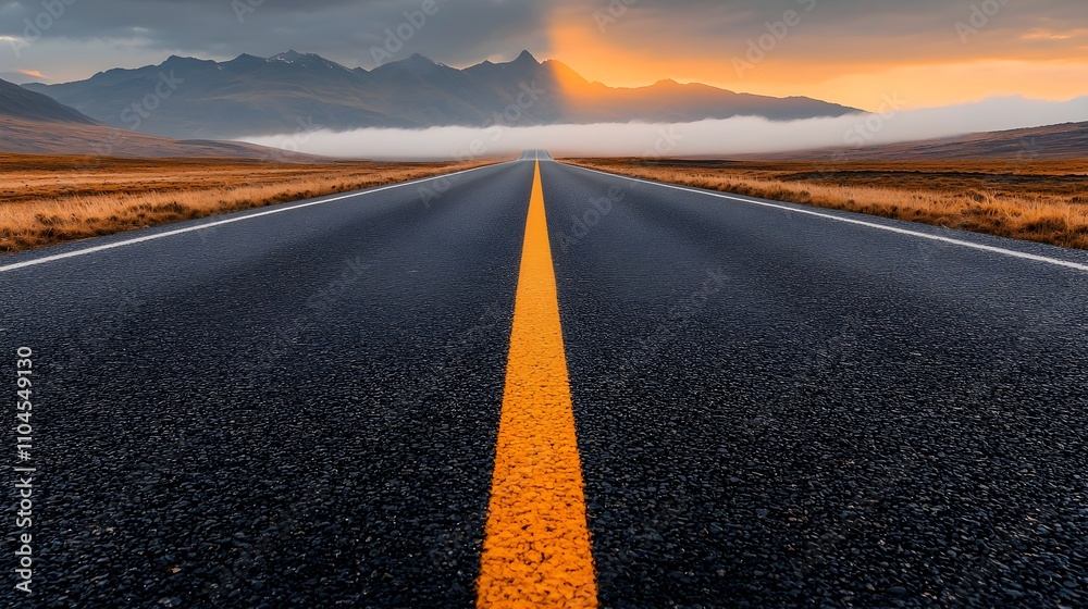 Fototapeta premium A road disappearing into a massive, seemingly impassable fog bank, but beyond it, faint rays of sunlight break through, symbolizing the hidden success after confronting uncertainty