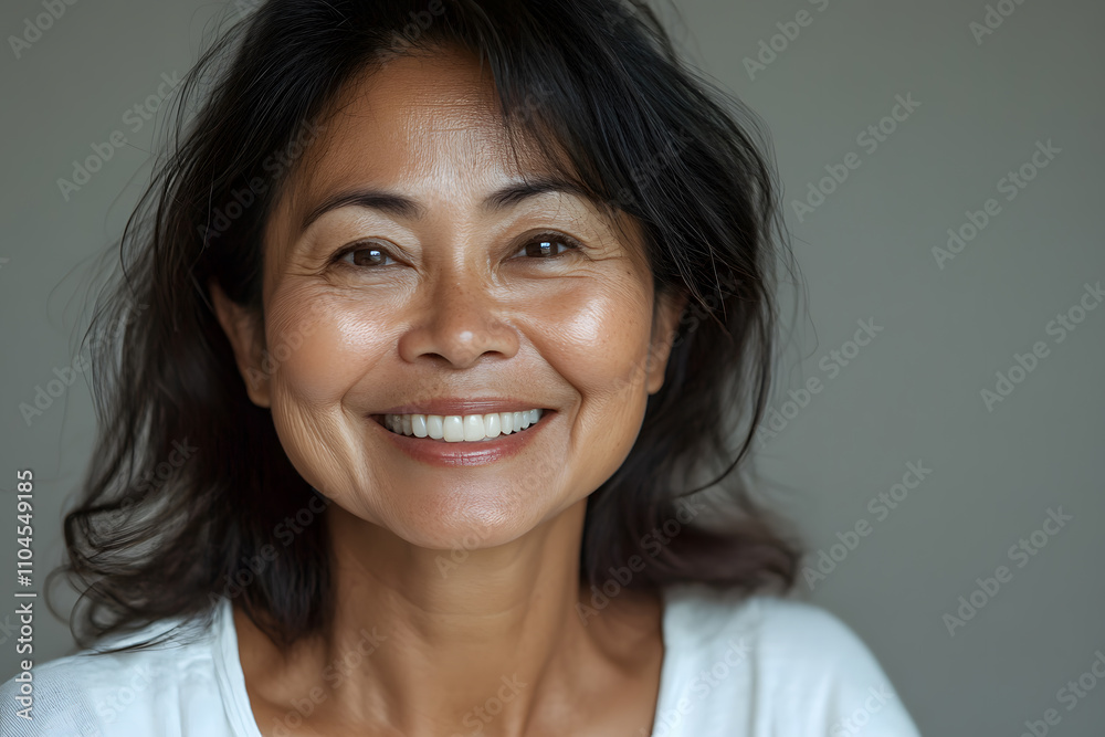 Portrait of smiling Indonesian adult woman with radiant and joyful expression on clean background Portrait of smiling Indonesian adult woman with radiant and joyful expression on clean background