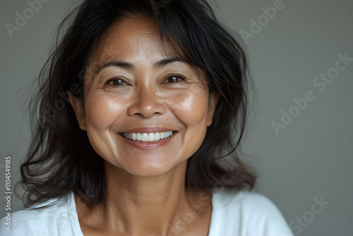 Portrait of smiling Indonesian adult woman with radiant and joyful expression on clean background