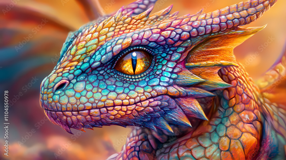 Fototapeta premium Enchanting anthropomorphic dragon with gleaming topaz eyes and intricate scaled hide in vibrant digital painting style. Chromatic. Illustration