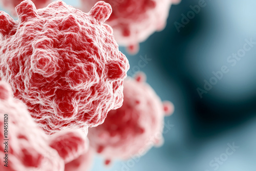 Lymphocyte immune cell activation concept. A close-up view of a virus structure, showcasing intricate detailing and a vibrant red color against a blurred background. photo