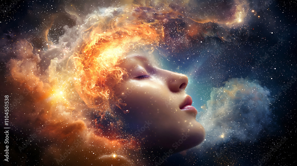 surreal depiction of woman with cosmic elements, representing dreams and imagination. vibrant colors and ethereal atmosphere evoke sense of wonder and exploration surreal depiction of woman with cosmic elements, representing dreams and imagination. vibrant colors and ethereal atmosphere evoke sense of wonder and exploration