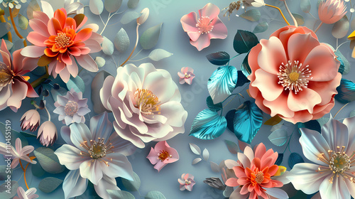 Wallpaper Mural Floral Symphony in Pastel Hues: An exquisite arrangement of paper flowers in delicate pastel shades, meticulously crafted to create a visually stunning and romantic composition. Torontodigital.ca