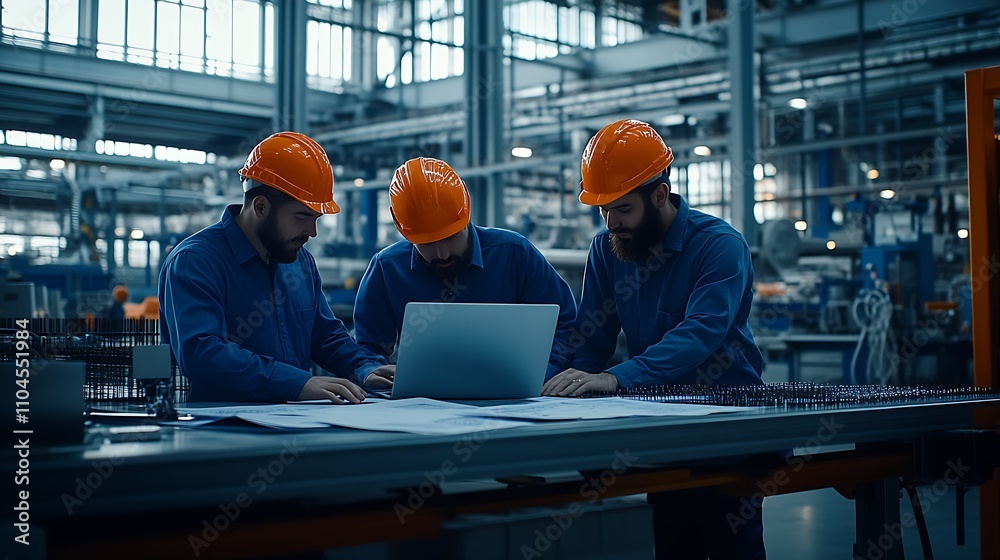 Engineers in Safety Gear Discussing Plans in Industrial Factory Setting : Generative AI