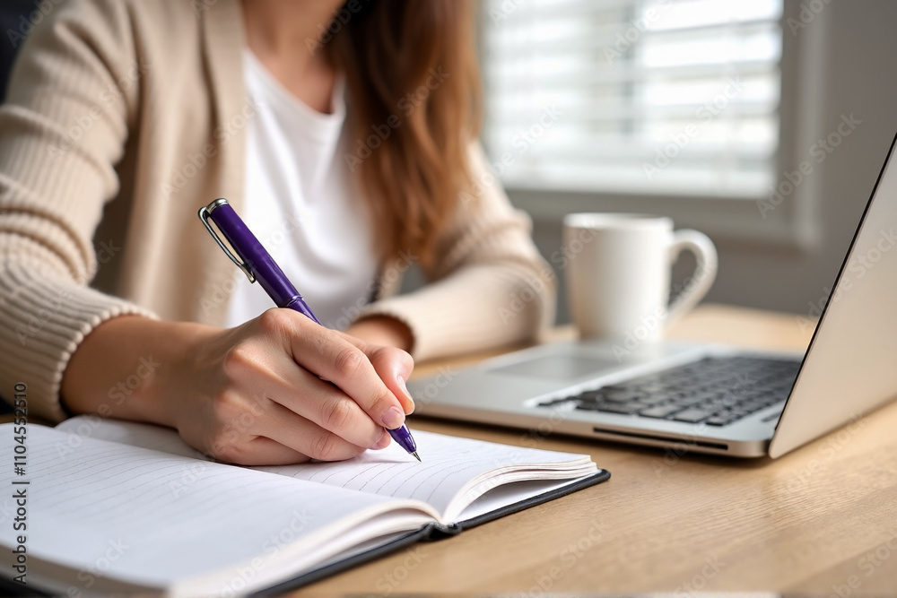 Woman writing in a notebook while working on a laptop at home Woman writing in a notebook while working on a laptop at home