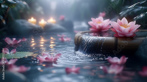 Tranquil Bamboo Fountain with Pink Lotus Blossoms and Candlelit Reflection in Peaceful Garden : Generative AI
